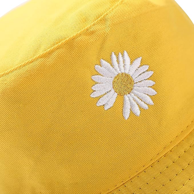 Flower Reversible Bucket Hat Cotton Summer Travel Beach Sun Hats Emboridery for Women Men
