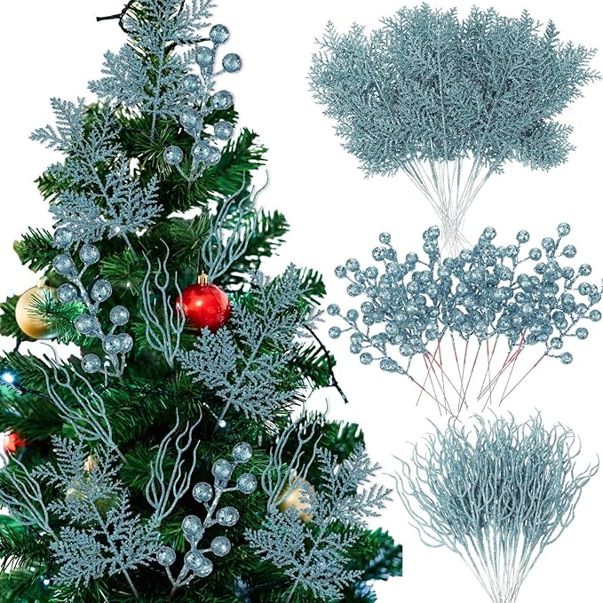 75 Pcs Christmas Glitter Branches 3 Styles Artificial Christmas Picks Berries Stems Pine Needles Floral Twig Spray for Xmas Tree Ornaments DIY Wreath Garland(Lake Blue)