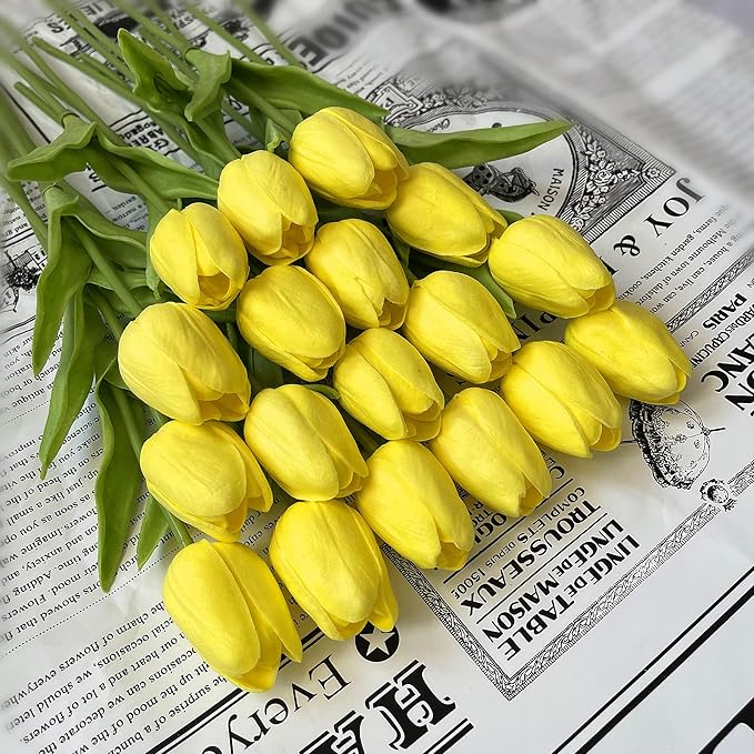 UKELER 24 Pcs Yellow Flowers Floral Artificial Tulip Flowers for Home Decorations Centerpieces Arrangement Wedding Bouquet