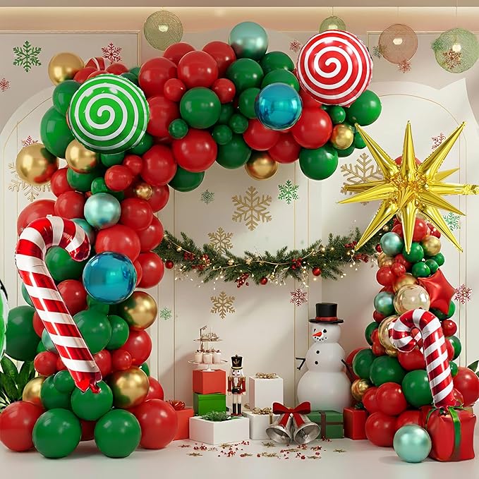 Christmas Balloon Garland Arch Kit, Xmas Red Green Gold Balloons Candy Cane Explosion Star Mylar Foil Balloons for Merry Christmas Ugly Sweater New Year Friendsmas Festival Birthday Party Decorations