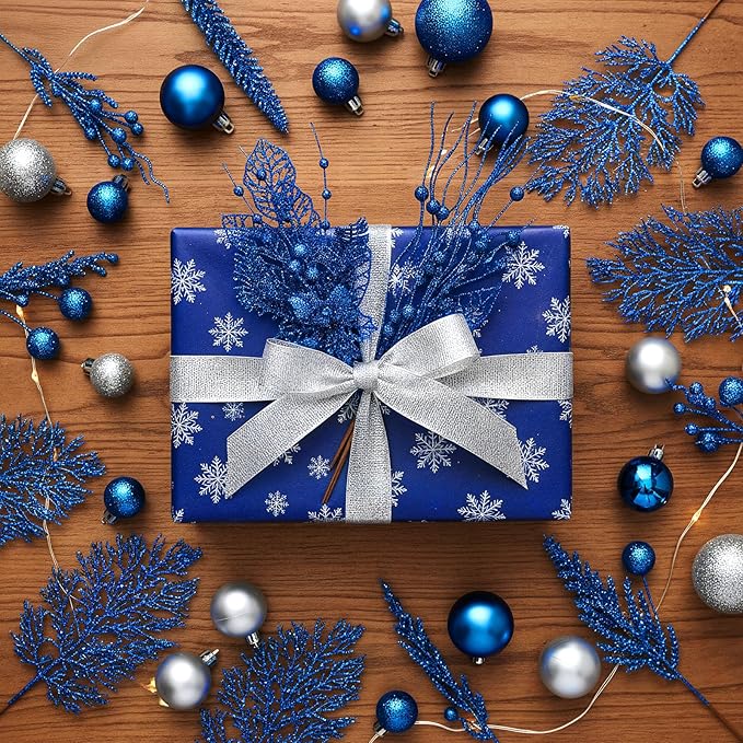 30 Pcs Artificial Christmas Tree Picks and Sprays Glitter Berry Stem Branches Holly Floral Picks Twigs Christmas Tree Ornaments for DIY Xmas Wreath Vase Filler Decorations(Royal Blue)