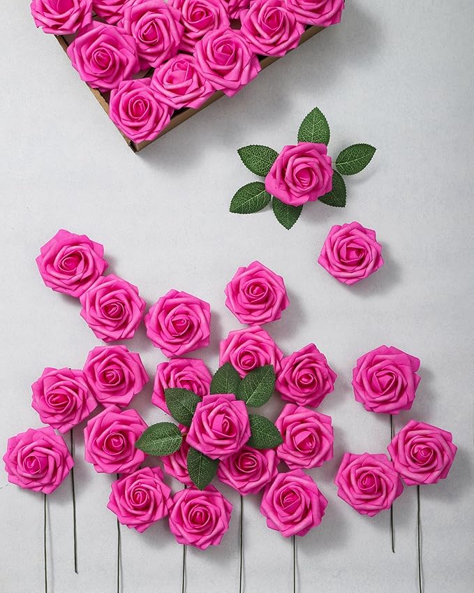 DuHouse 25Pcs Artificial Roses Flowers Fake Roses with Stems Real Touch Foam Flowers for DIY Wedding Bouquet Baby Shower Centerpiece Floral Arrangement Party Home Decor (Hot Pink)