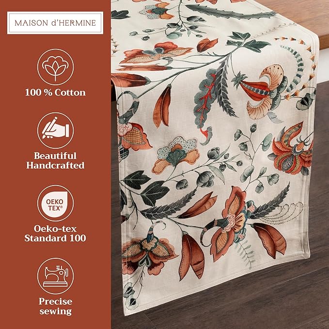 Maison d' Hermine Table Runner 100% Cotton Double Layer Table Runners 72 inches Long for Thanksgiving Christmas Decorations Home Kitchen Dining Party Wedding (Dalida, 14.5" x 72")