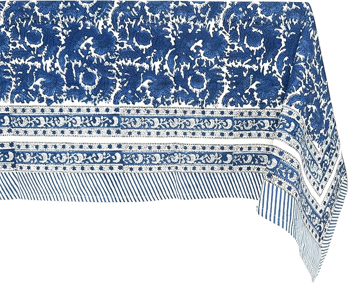 ATOSII Paradise Blue 100% Cotton Square Summer Tablecloth, Handblock Floral Print Linen Table Cloth for Kitchen Dining I Parties, Weddings, Outdoors, 60 X 60 Inches I 4 Seater