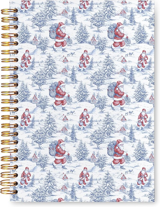 VIIJJUE Blue and White Chinoiserie Christmas Santa Notebook for Women, Vintage French Country Toile de Jouy Journal, Xmas Red Santa Holiday Hardcover Spiral Notebooks, 5.5x8.3 Inch-01