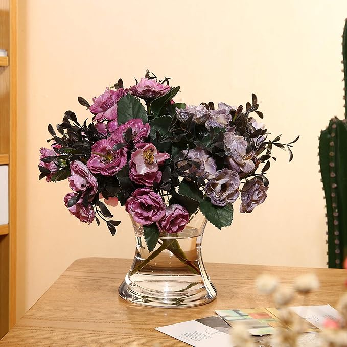 WGV Unique Bouquet Vase Bulk, 7" W, 7" H, Clear Short Hurricane Concaved Neiman Glass Floral Container, Home Wedding Event Decor, 8 Pieces (VHV0707)