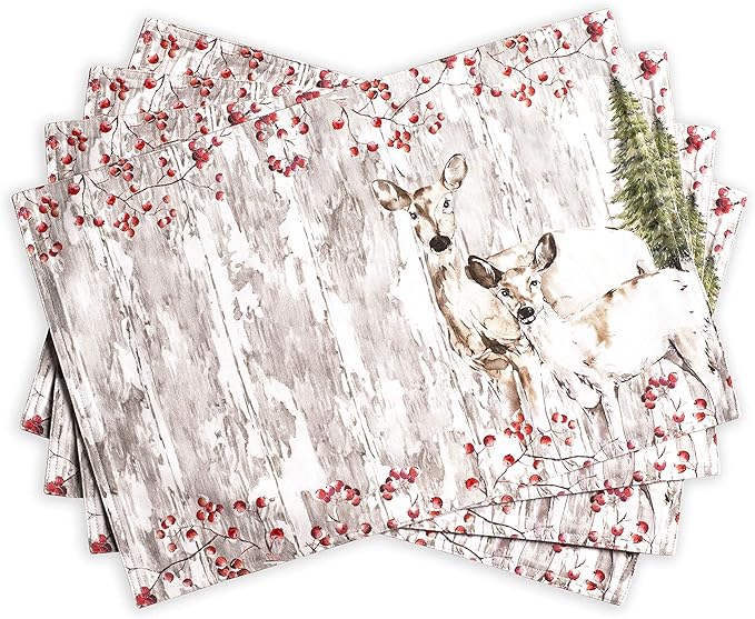 Maison d' Hermine Placemats Set of 4 100% Cotton Washable Cloth Place Mats, Reusable Table Mats for Thanksgiving Christmas Decorations Kitchen Dining Party Wedding (Mountain Life, 13" x 19")