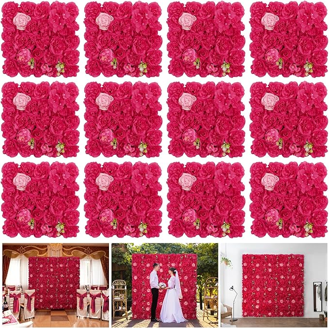 Silk Flowers Wall Rose Red-12Pack Artificial Floral Wall Panels Faux Hydrangea Peony Flower Panels for Wedding Party Event Thanksgiving Decor Photography Home Decor