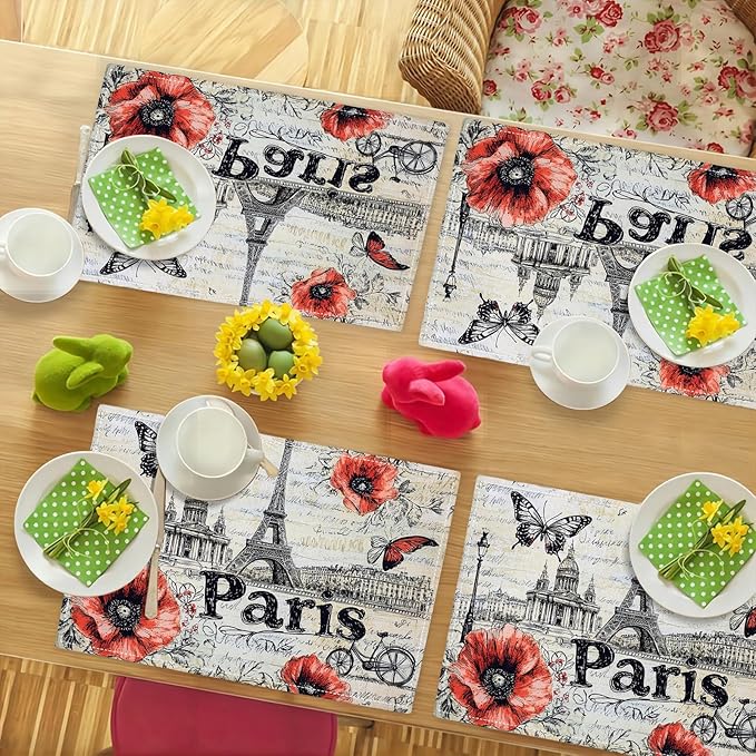 Paris Placemats Set of 6, French Eiffel Tower Place Mats, Poppies Dining Table Mats, Retro Washable Placemats for Kitchen Dining Room Home Decor 18L'' × 12W''