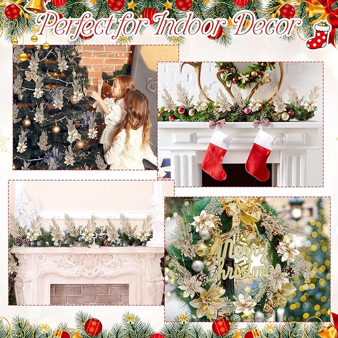 18 Pack 3 Styles 17 Inch Christmas Glitter Poinsettia Berry Stems Ornaments Artificial Floral Branches Picks for Christmas Tree Home Vase Holiday Party Decor(Champagne)