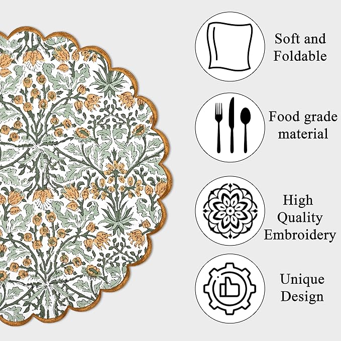 Ridhi Goldenrod Yellow Spring Place Mat Double Layer Floral Cotton Washable Placemats 15" Round Embroidery Block Print Table Mat (Pack of 4-15 Inch Round)