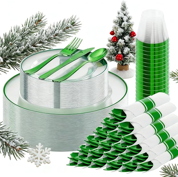 SUT 175 Pcs Green and Clear Plastic Dinnerware Set for 25 Guests, Include: 25 Dinner Plates, 25 Dessert Plates, 25 Pre Rolled Napkins With Silverware, 25 Cups, Disposable Plates for Party, Christmas