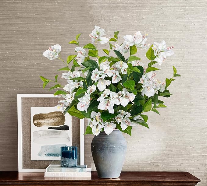 Hollyone 2Pcs Bougainvillea Artificial Flowers Bouquets White Fake Flower Silk Flowers with Long Stem Floral Arrangements Faux Bougainvillea Flower Plant for DIY Wedding Party Centerpieces Home Decor
