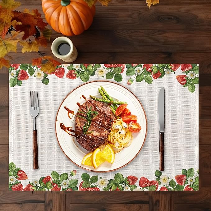 Strawberry Placemats Set of 6,Washable Heat Resistant 12×18 Inch Linen Table Mats Cute Place Mats for Party Outdoor Dining Décor