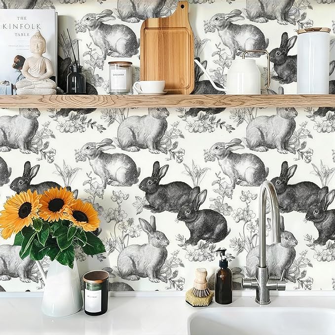 Floral Peel and Stick Vintage Animal Wallpaper Rabbit Removable Botanical Leaf Sketch 17.7" x 236.22" Wall Paper Self Adhesive Contact Paper for Classroom Bedroom Laundry Room Bathroom