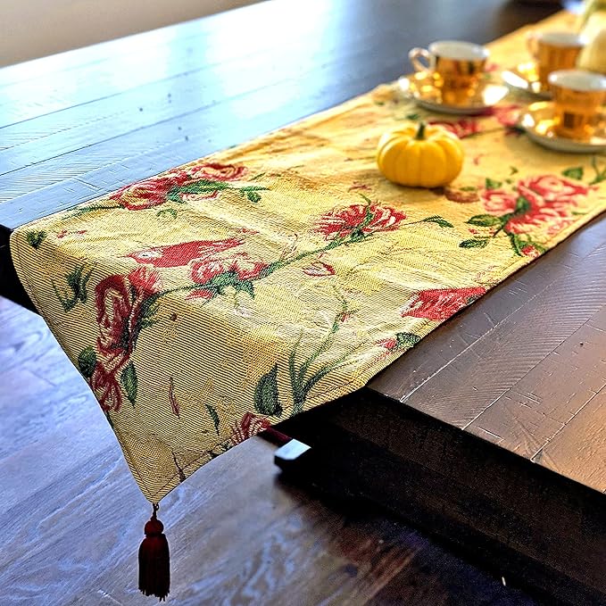 Tache Floral Red Roses Birds Golden Woven Table Runner - Vintage Tapestry Kitchen Dining Dinner Linens Cloth - 13 x 72 inches