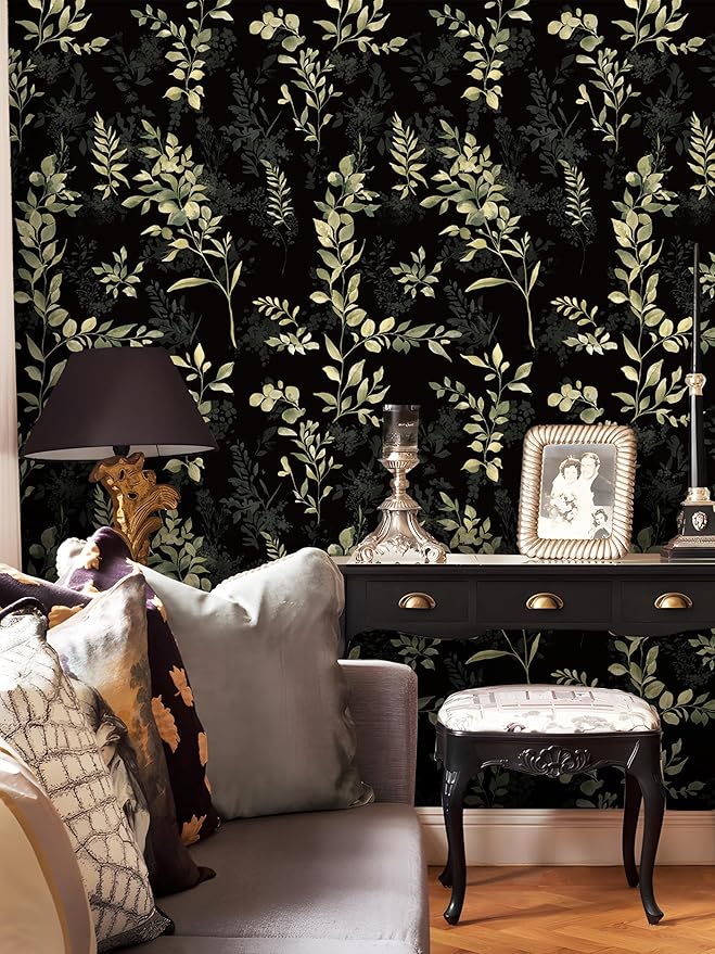 Peel and Stick Wallpaper Boho Leaf Removable Wallpaper Black Textured Renter Friendly for Bathroom Botanical Floral Self Adhesive Contact Paper for Cabinet Countertop 17.5 x 118 in