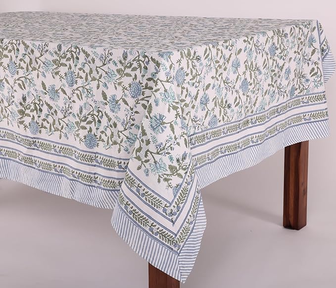 ATOSII Mahoka Blue 100% Cotton Rectangle Summer Tablecloth, Handblock Floral Linen Table Cloth for Kitchen Dining Table I Parties Weddings Outdoors Home Decor 72 X 120 Inches I 10 Seater