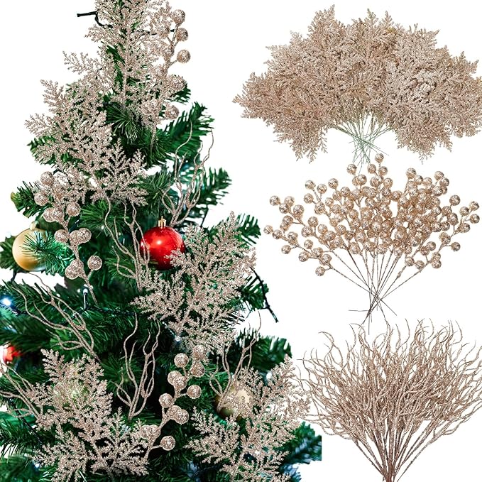75 Pcs Christmas Glitter Branches 3 Styles Artificial Christmas Picks Berries Stems Pine Needles Floral Twig Spray for Xmas Tree Ornaments DIY Wreath Garland(Champagne Gold)