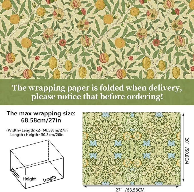 12 Sheets William Morris Wrapping Paper William Morris Gift Wrap Paper Vintage Floral Gift Wrapping Papers Green Vines and Flowers Art Papers for DIY Crafts Birthday Gift Packing Favors, 20x27 Inch