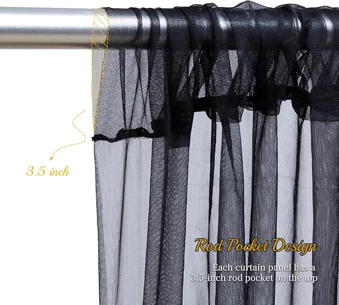 20x8ft Black Tulle Backdrop Curtain with Lights String for Parites, Sheer Backdrop Curtains for Wedding Baby Shower Birthday Party Photo Shoot Decorations