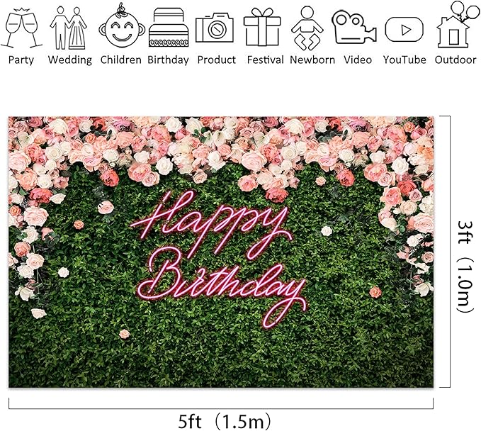 Riyidecor Happy Birthday Backdrop Backdrop Polyester Fabric Pink Rose Neon Flower Wall Green Leaves 5Wx3H Feet for Women Floral Blossom Photography Background Birthday Baby Shower Photo Studio Shoot
