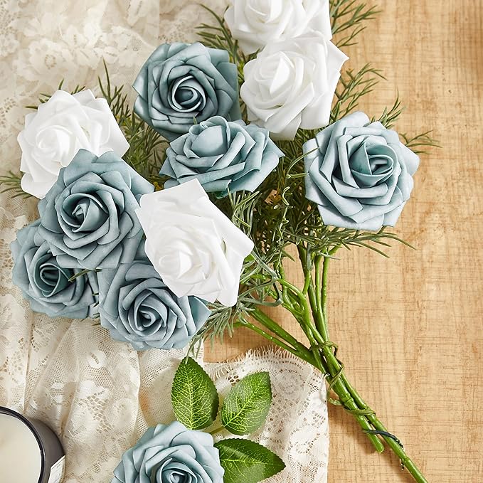 Artificial Flowers, 25pcs Dusty Blue and White Artificial Rose for DIY Wedding Bouquets Centerpieces Arrangements, Fake Flower with Stems for Party Home Decorations