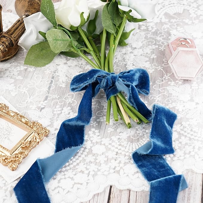 Blue Velvet Ribbon 1.5 Inch Hand Frayed Silk Velvet Ribbon Rustic Velvet for Gift Wrapping, Christmas Tree Decor, Wedding Invitation Bridal Bouquet -3yards