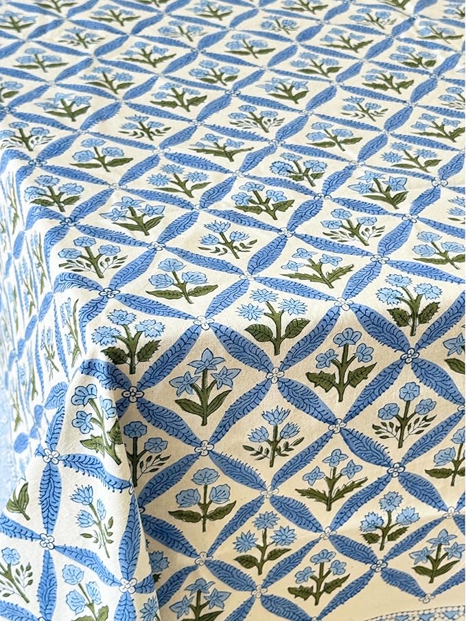 ATOSII Netta Blue 100% Cotton Rectangle Boho Fall Tablecloth, Handblock Floral Table Cloth Linen for Kitchen Dining I Parties Wedding Outdoors Farmhouse Grandmillennial I 72 X 108 Inches I 8 Seater