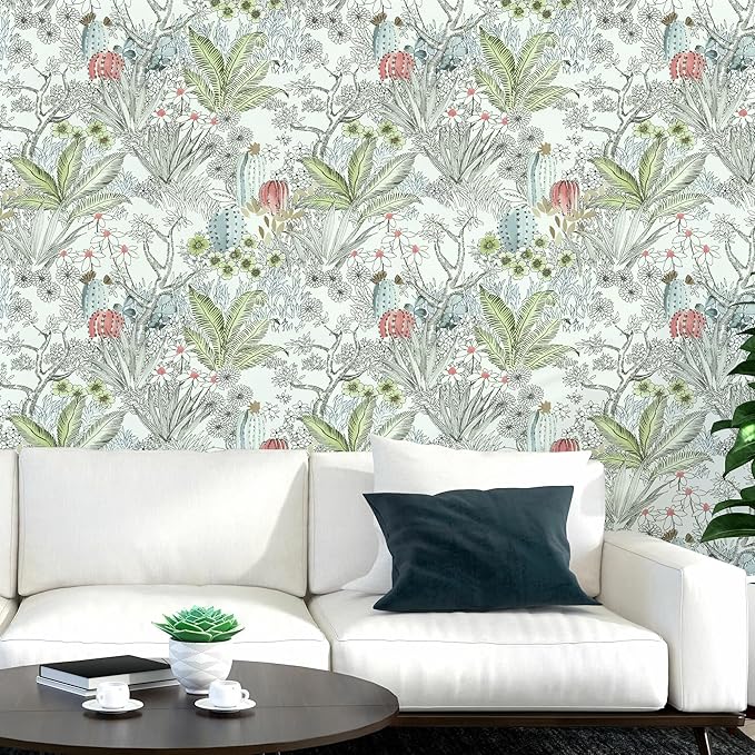 Wudnaye Boho Peel and Stick Wallpaper Catus Wallpaper 17.7" x 118.1"Vintage Floral Wallpapers Peel and Stick Botanical Removable Wall Paper Boho Self Adhesive Contact Paper for Bathroom Cabinets