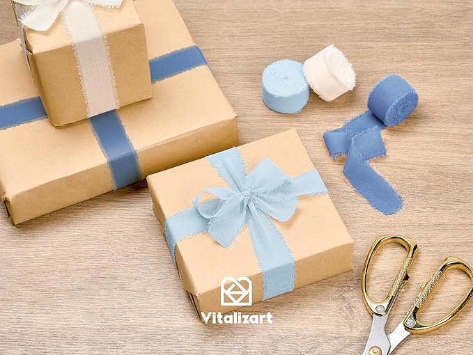 Vitalizart Dusty & Baby Blue Chiffon Silk Ribbon 1" x 21 Yd Fringe Fabric Package (3 Rolls * 7 Yd) for Wedding Invitations Bridal Bouquets Decorations Gifts Wrapping & Bow Making