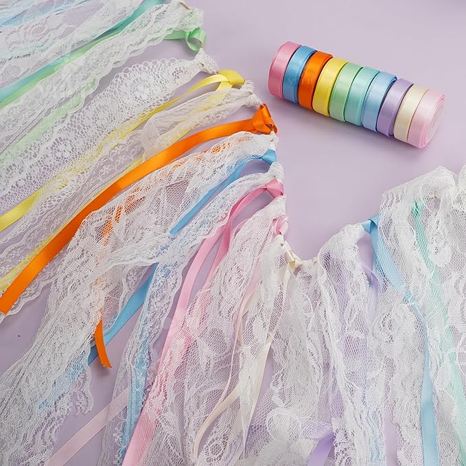 MEEDEE Pastel Rainbow Ribbon Assortment Satin Rainbow Colored Ribbon 3/8" X 50 Yards for Crafts, Gift Wrapping, Party Decoration, DIY Handmade Hair Bows