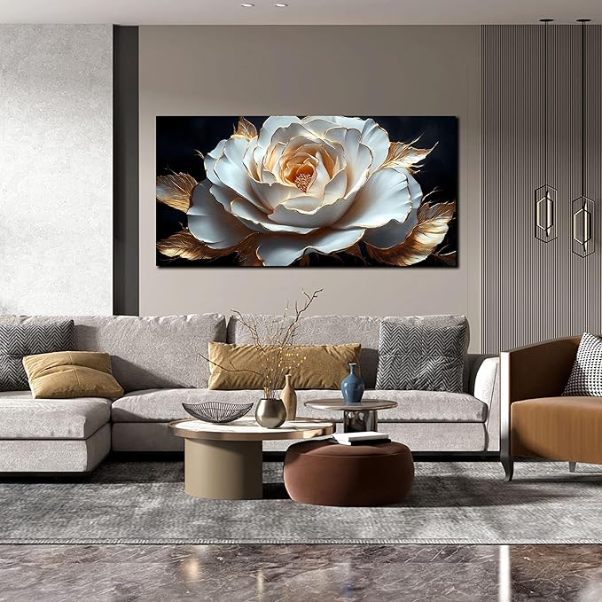 Large White Flower Canvas Wall Art for Living Room Bedroom Home Office Black and White Flower Picture Modern Canvas Prints Framed Wall Decor Artwork Size 24x48