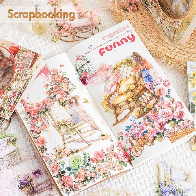 Rocking Chair Junk Journal Stickers – 60PCS Large Transparent Decal Scrapbook Stickers for Scrapbooking, Journaling & Cottagecore Aesthetic Projects