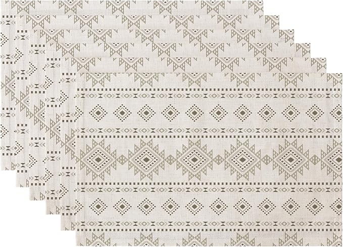 LilyCat Linen Fabric Geometric Stripes Placemats, Durable Boho Dining Table Mats for Kitchen, Rustic Vintage Washable Place Mats Set of 6, 18’’× 12’’