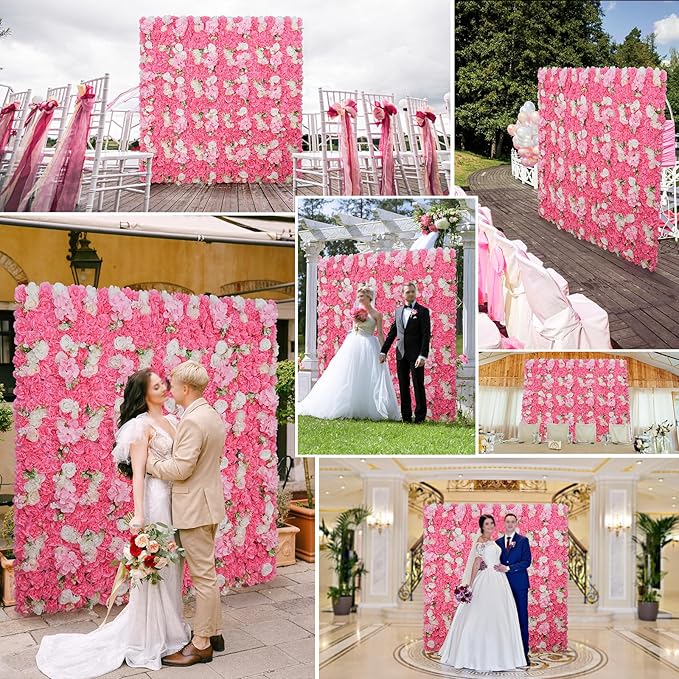 Artificial Flower Wall Panels - 12-Piece Set of 15x15 Inch Silk Roses Floral Backdrop Ideal for Wedding Celebrations, Festive Party Background and Elegant Home Decor -Pink