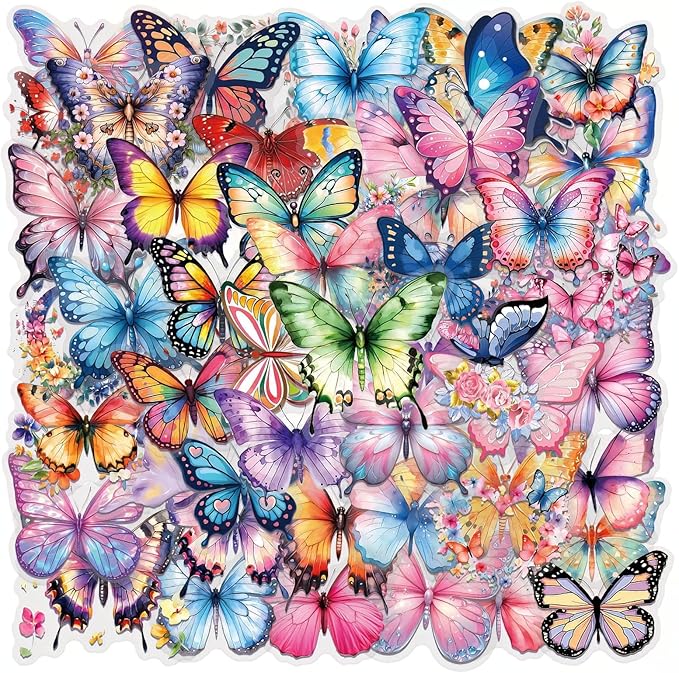 50PCS Butterfly Stickers, Transparent PET Waterproof Nature Decals for Scrapbooking, Journaling, Water Bottles, Phone Cases, Laptops, DIY Crafts & Gift Decor (Vintage Style)