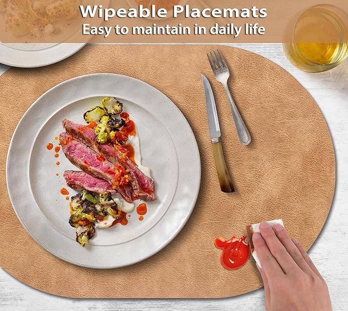 ADRIMER Placemats, Heat Resistant Oval Placemats Set of 8 Washable 12 x 17 Inch, Waterproof Table Mats, Wipeable Pu Place Mats for Kitchen, Dining Room, Light Brown
