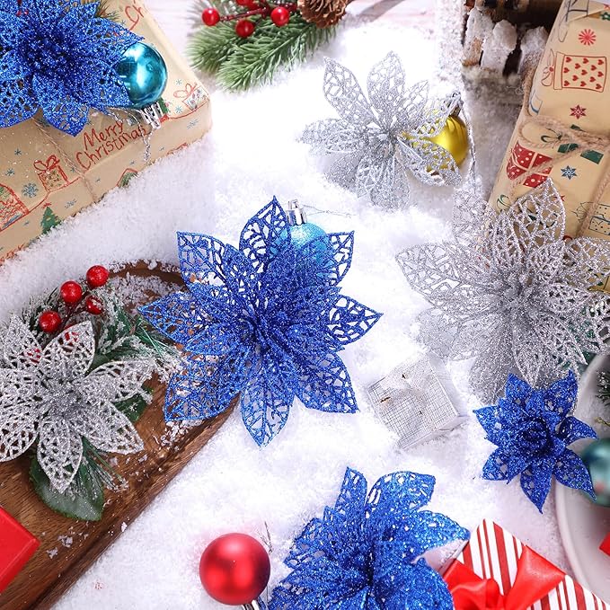 Boao Blue,Silver 24 Pieces Poinsettia Flower Christmas Glitter Artificial Poinsettia with Clips Christmas Tree Ornament Decorations for DIY Xmas Wreath Holiday Home Party Decor, 3/4/6 Inches