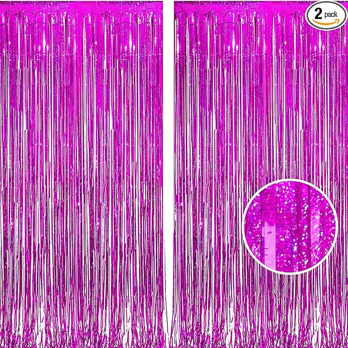 BRAVESHINE Hot Pink Tinsel Foil Fringe Curtains - 2Pcs 3.2x8.2ft Metallic Party Streamers Backdrop for Christmas Girl Birthdays Bridal Shower Bachelorette Engagement Hawaiian Luau Party Decorations