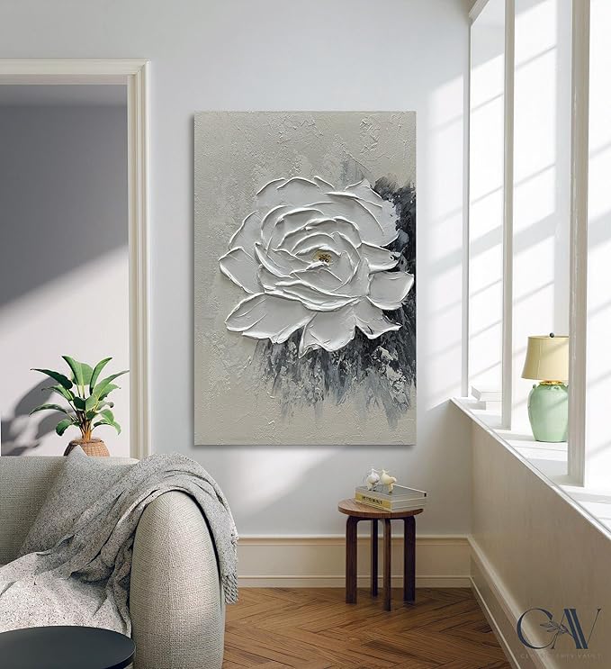 moshinart 24 x 36in Hand-Painted Oil Painting 3D Texture Black White Grey Modern Minimalist Black Abstract Wall Art, Home Office Wall Decoration Camellia