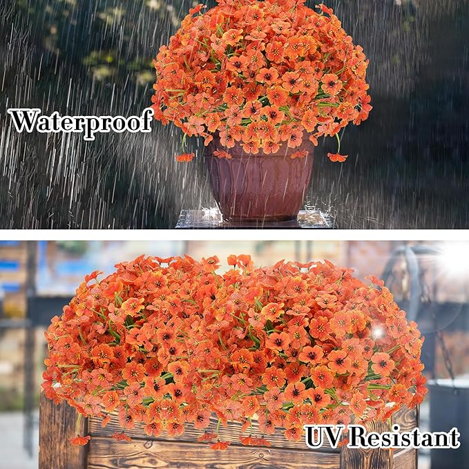 20 Bundles Fall Flowers Artificial for Halloween Decoration, Fake Flowers Faux Plants Silk Colorful Daisy Eucalyptus Realistic UV Resistant for Garden Patio Porch Box Home Decor, Orange