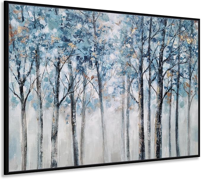 Yihui Arts Abstract Forest Wall Art Hand Painted Textured Blue Trees Canvas Painting with Gold Foil Modern Framed Artwork for Living Room Decor