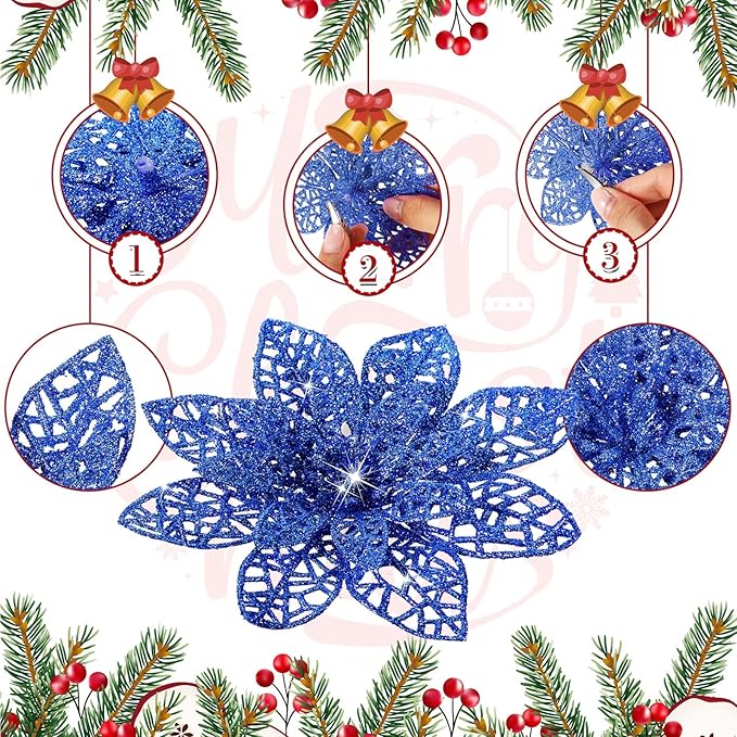 Boao Royal Blue 24 Pieces Poinsettia Flower Christmas Glitter Artificial Poinsettia with Clips Christmas Tree Ornament Decorations for DIY Xmas Wreath Holiday Home Party Decor, 3/4/6 Inches