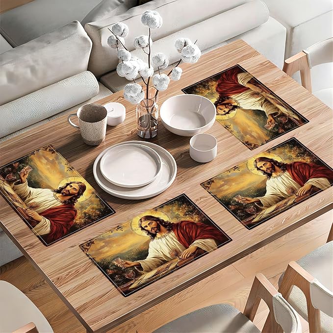 Christian Jesus Placemats Set of 4 Christian Gift Religious Jesus Christ Faith Place Mat Machine Washable Place Mats for Dinner Table Mats 4 PCS