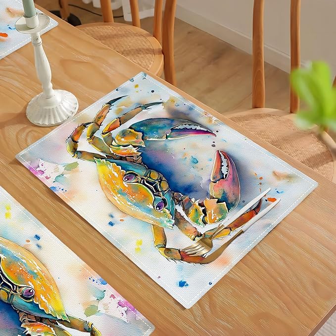 Sea Beach Theme PlaceMats Set of 4 Ocean Crab Pictures Print Washable Placemats Marine Life Animal Table Mats Teal Blue Scratch Proof Table Mats for Kitchen Decor Dinner 4 PCS