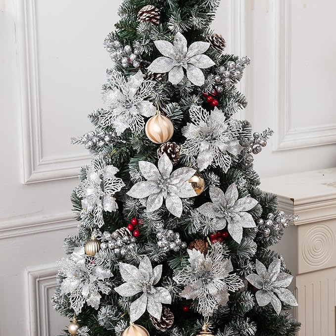 24Pcs Silver Glitter Poinsettia Christmas Tree Ornaments and Glitter Berries Stems, 16Pcs Christmas Artificial Flowers and 8 Pack Christmas Tree Picks for Wedding Holiday Decorations