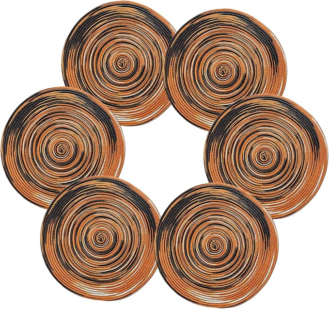 Youyi Better Lifes Halloween Round Braided Placemats Set of 6 Colorful Washable Durable Placemats Non-Slip 15 Inch Black-Orange Woven Table Mats for Dining Tables Holiday Party Decoration