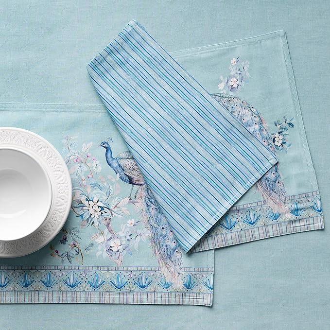 Maison d' Hermine Placemat 100% Combed Cotton Premium Set of 4 Decorative Washable Place Mats Table Cloth Placemat, Dining & Camping - Peacock Utopia - Pastel Turquoise(13"x19")