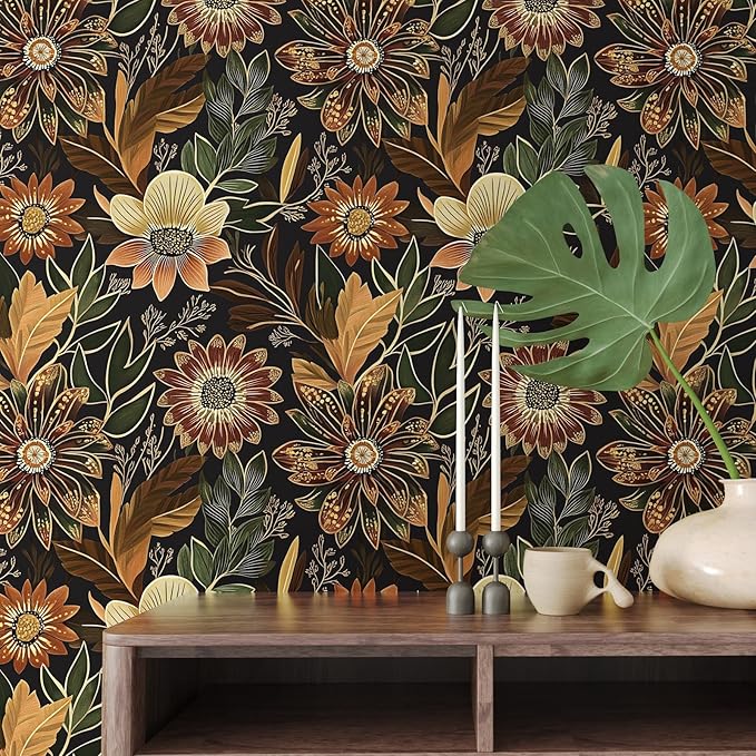 Boho Wallpaper Peel and Stick Dark Floral Wallpaper for Cabinet Vintage Contact Paper Waterproof Self Adhesive Removable Modern Wall Paper for Bedroom Stair Bathroom 17.5in x393in